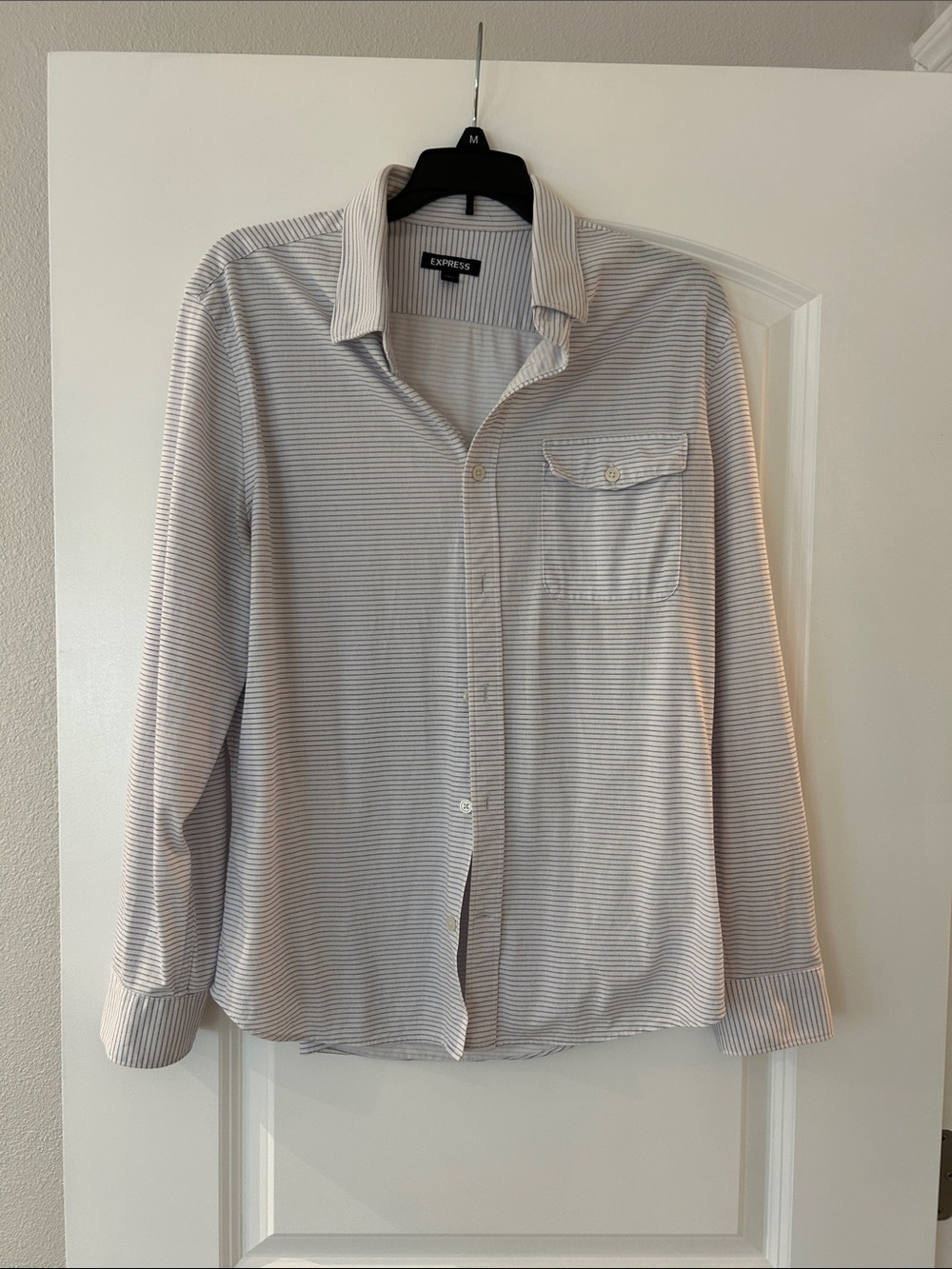 Express Men’s Button-Down Shirt in White and Light Blue Stripe